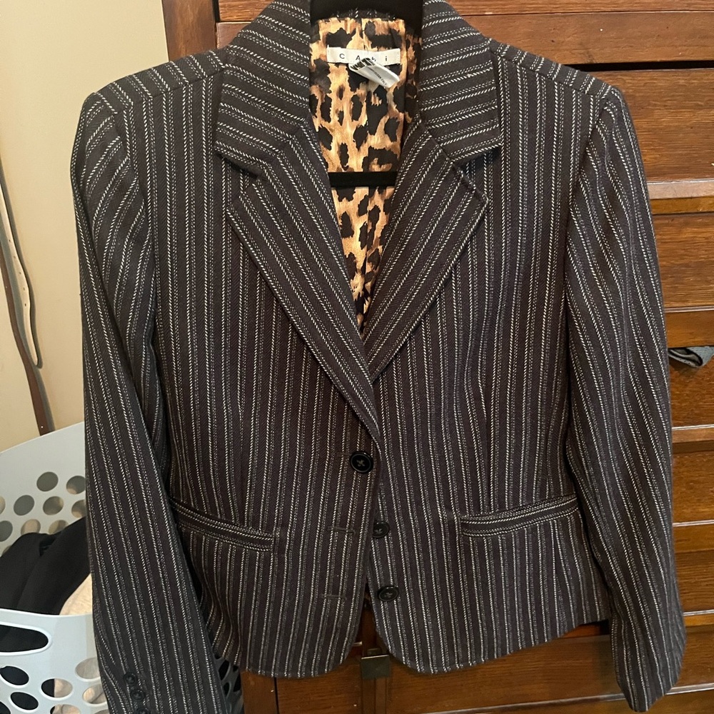 CAbi Black Pinstripe Blazer with Leopard Print Lining
